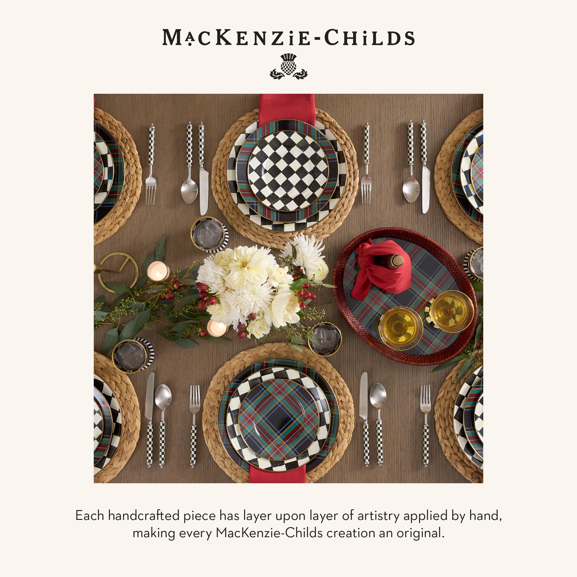 MACKENZIE-CHILDS Enamel Dinner Plate, Decorative Dinnerware Plate, 10 Inches, Set of 1, Black Tartan