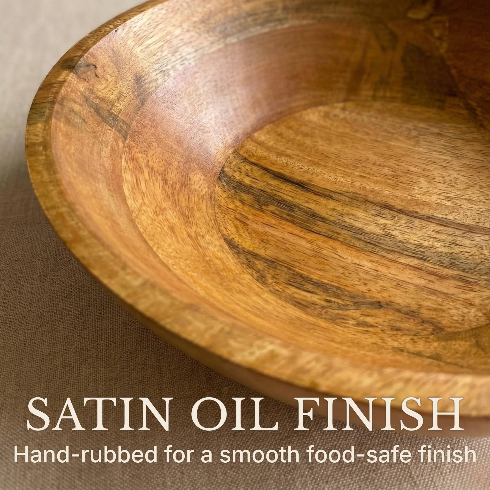 Large Wooden Salad Bowl 11.5 Inches with Serving Utensils, Wooden Fruit Bowl, Mango Wood Bowl Set for Serving, Large Wood Salad Bowl for Family Meals, Pasta, Popcorn, Handcrafted Wooden Serving Bowl