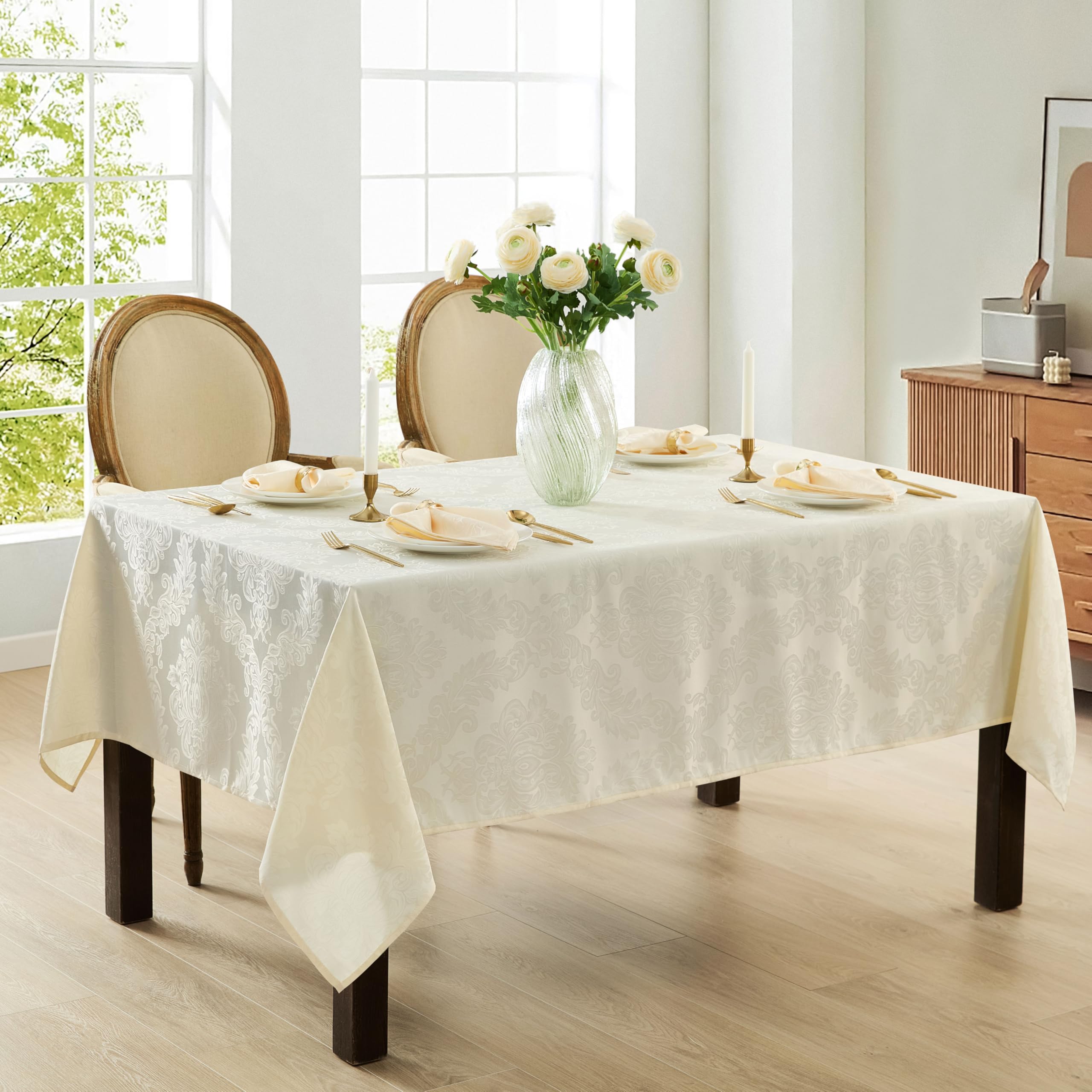 Newbridge Barcelona Luxury Damask Fabric Tablecloth, 52” Wide x 70” Rectangle, Antique White, 100% Polyester, No Iron, Soil Resistant Dining Room, Party and Banquet Table Cover