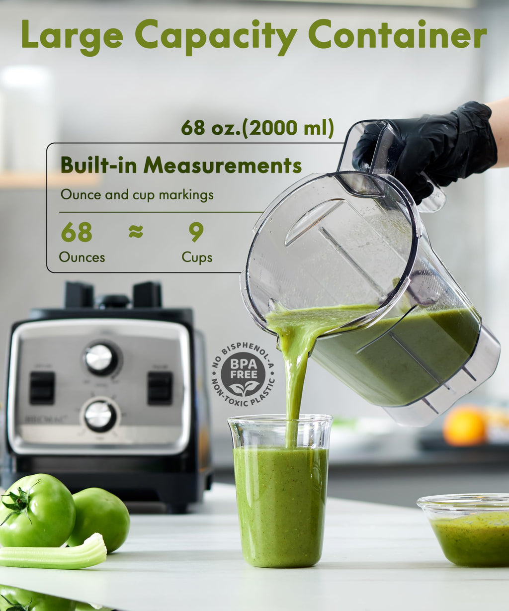 HECMAC 3-Peak HP Blender - 2200W Max/1400W Rated, 68oz BPA-Free Pitcher, Easy to Use, Self-Clean, Tamper - Smoothies, Ice Crush, Frozen Drinks, Food Prep - Home & Commercial, 110V