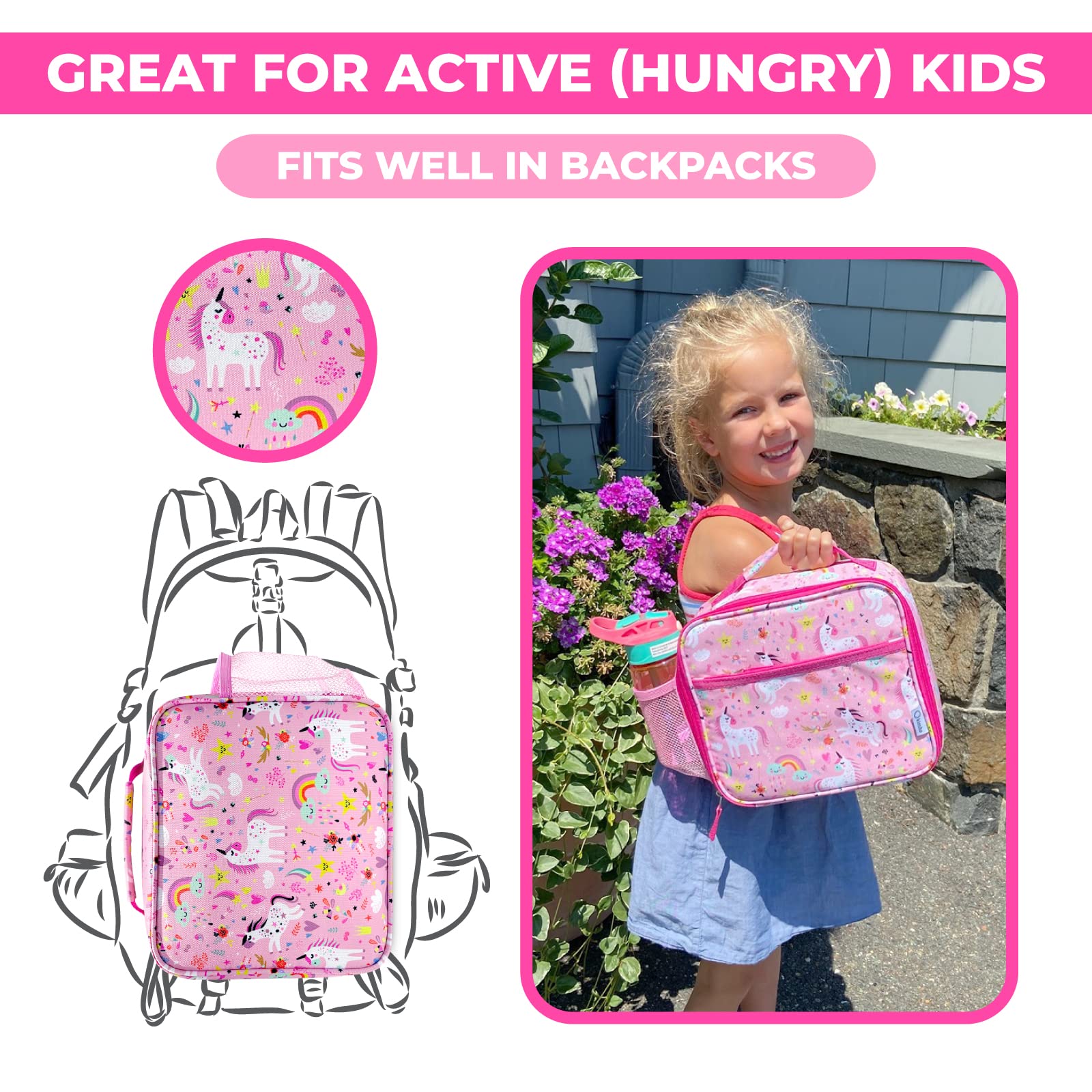 kinsho Bento Lunch Box with Insulated Bag and Water Bottle Set for Kids Toddlers, 4 Portion Sections, Removable Tray, Pre-School Girl Toddler Daycare Lunches, Snack Container, Pink Unicorn