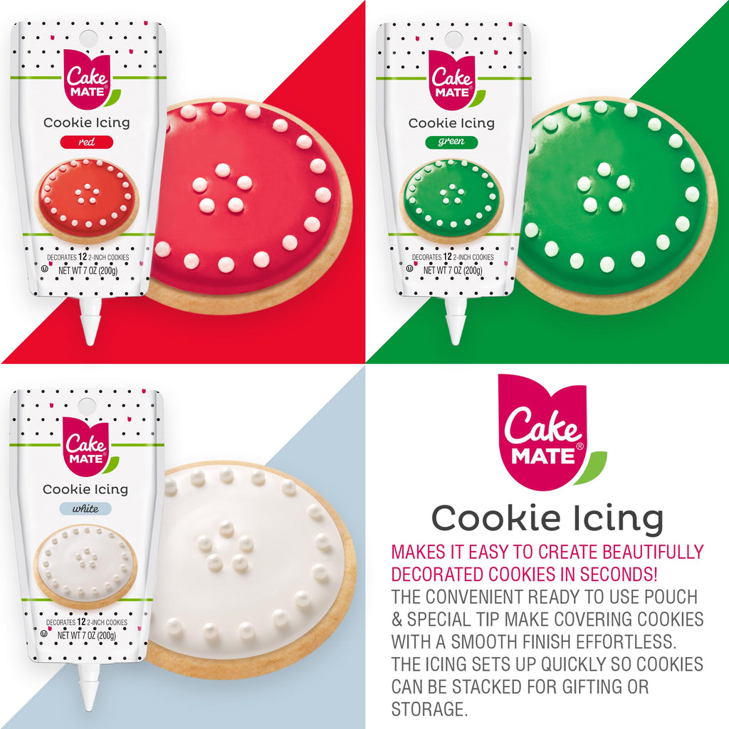 Cake Mate Christmas Cookie Decorating Kit – Red & Green Decorating Sugar (2.25 oz), White, Red & Green Cookie Icing Pouches (7 oz), Jingle Mix Non Pareil (2.1 oz) – Holiday, Cake, Cupcake & Dessert