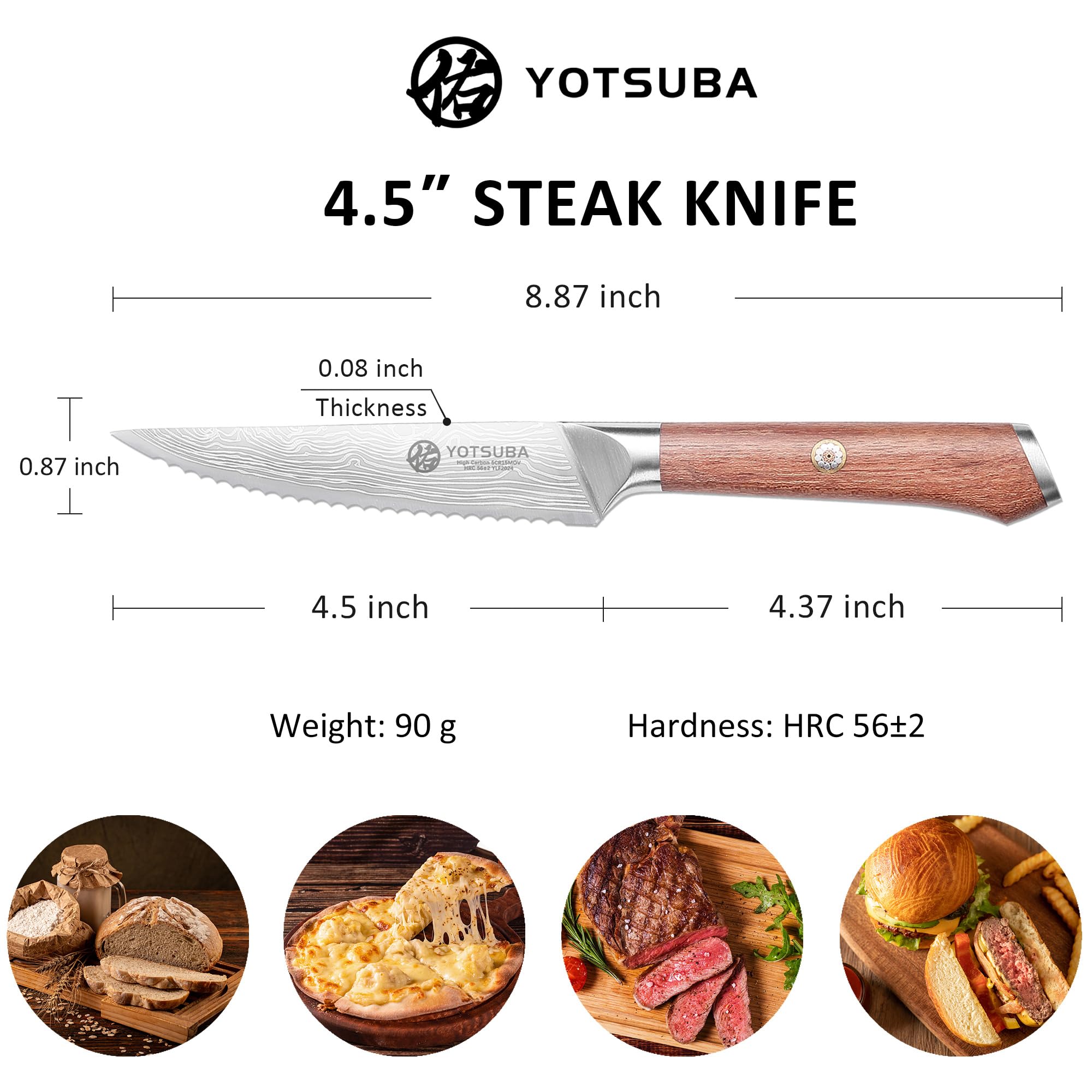 YOTSUBA Steak Knives Set of 6, Razor-Sharp 4.5 Inch Japanese Serrated Steak Knife Set, Full Tang Forged High Carbon Steel Dinner Knives with Ergonomic Handle and Gift Box