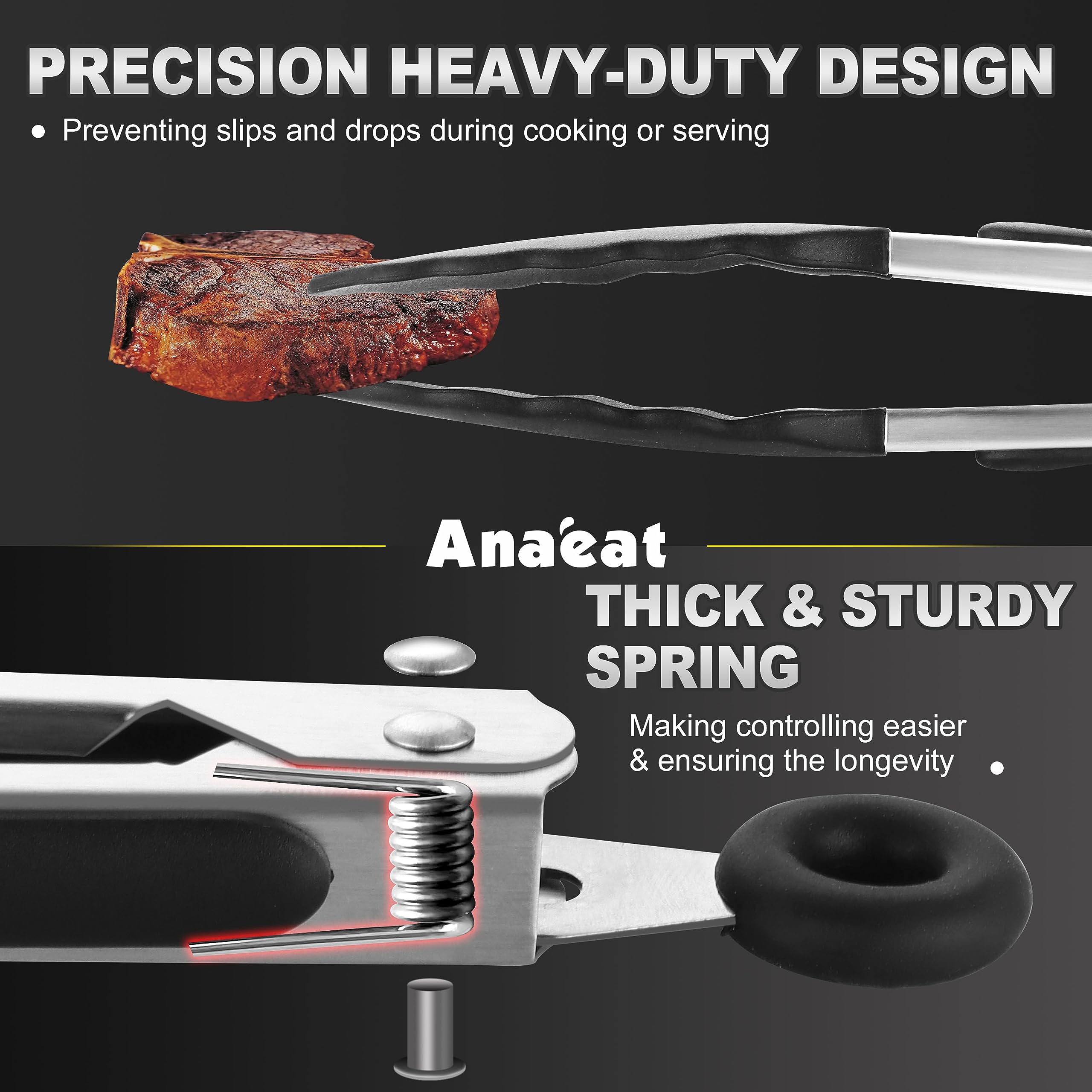 Anaeat Non-Stick Silicone Locking Tong Set of 3 - Stainless Steel 7, 9 and 12 inch Kitchen Food Tongs with Non-Slip Silicone Tips and Grip for Cooking, Baking and BBQ - Heavy Duty & Heat Resistant