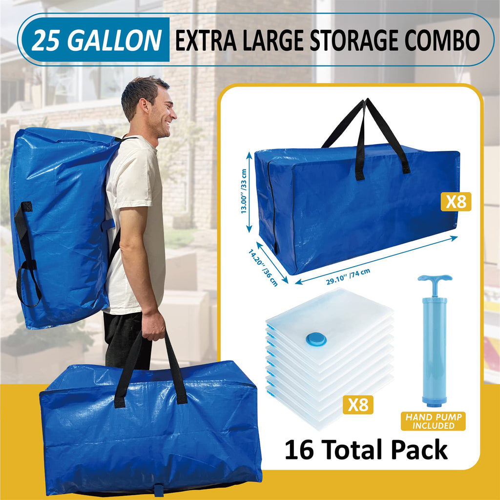 16 Pack Heavy Duty Extra Large Moving Bags with Backpack Straps & Large Vacuum Storage Bags Moving Supply Combo, Moving Totes with Handles & Zippers for Space Saving, Fold Flat, Includes Vacuum Bags