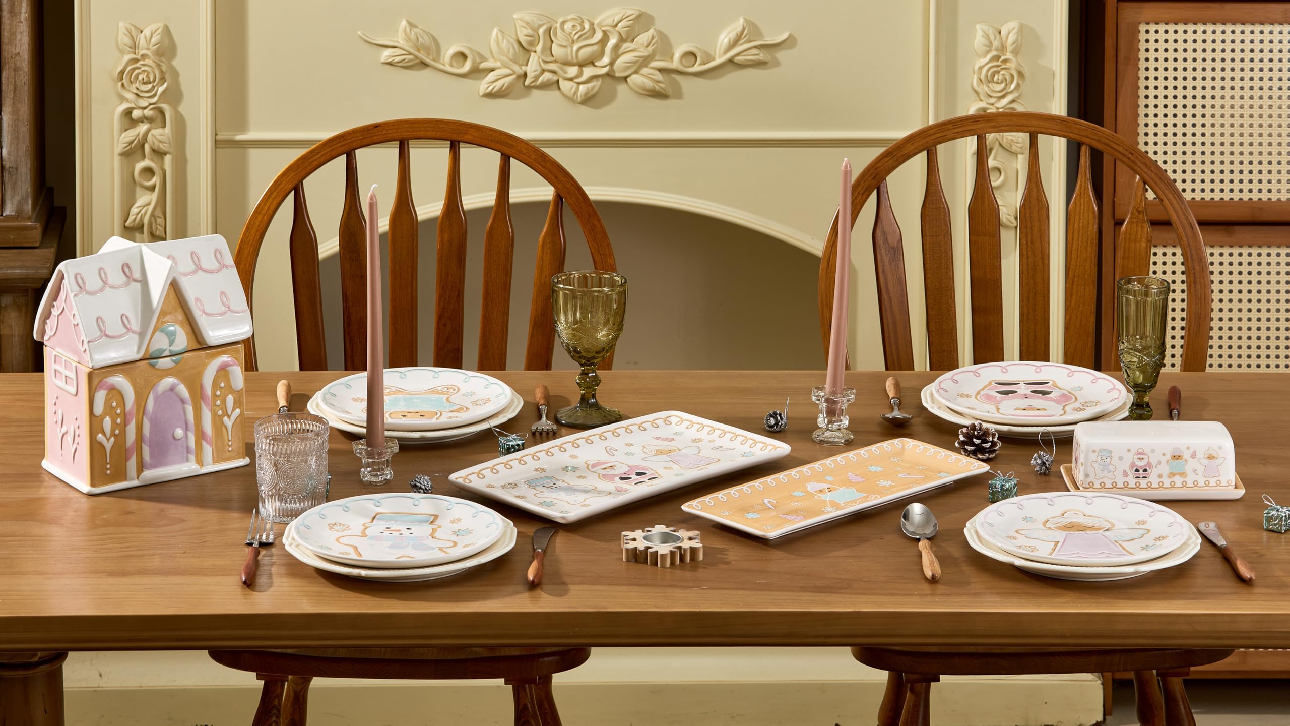 Bico Pastel Gingerbread Man Gnomes Ceramic Rectangular Serving Platters Set of 2, 14 Inch, Microwave & Dishwasher Safe, Large and Medium Platters for Appetizers, Cheese, Salad, Pasta