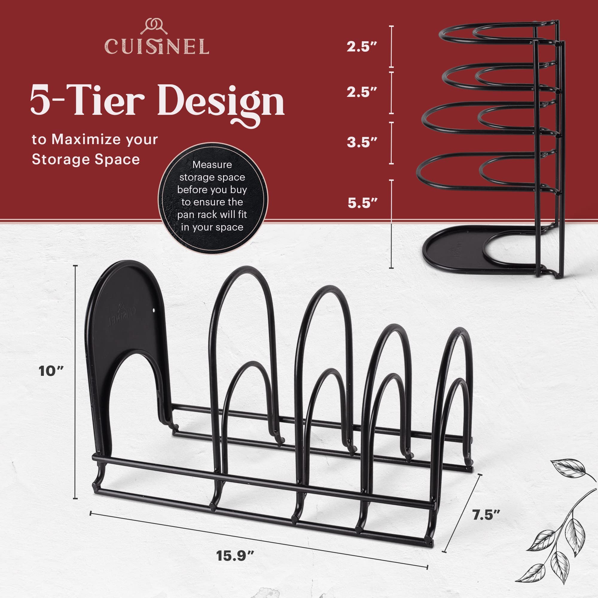 Cuisinel Pan Organizer for Cast Iron, 60-100LB, Extra Large 5-Tier Rack, Matte Black 15.9"