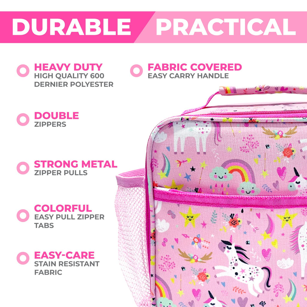 kinsho Bento Lunch Box with Insulated Bag and Water Bottle Set for Kids Toddlers, 4 Portion Sections, Removable Tray, Pre-School Girl Toddler Daycare Lunches, Snack Container, Pink Unicorn
