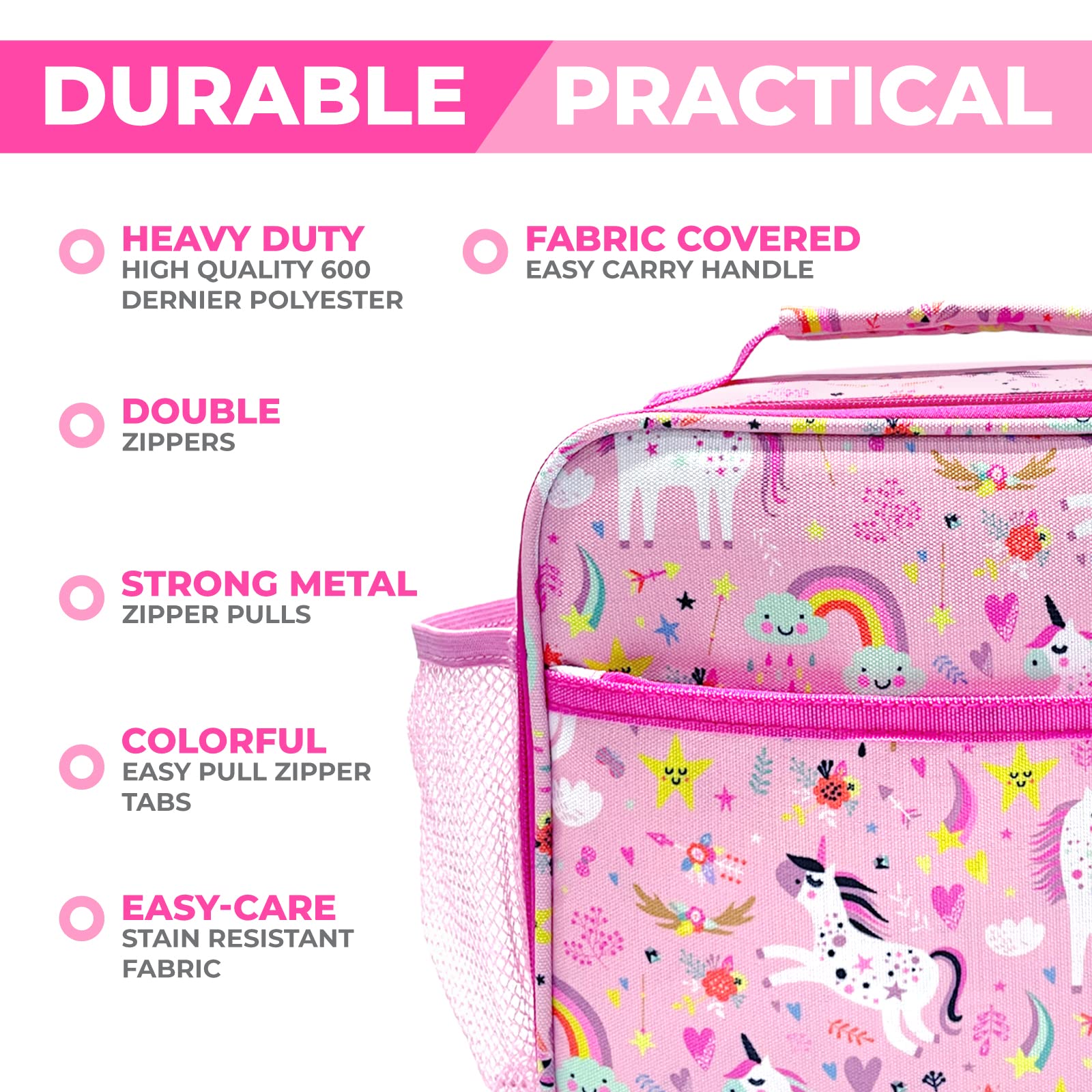 kinsho Bento Lunch Box with Insulated Bag and Water Bottle Set for Kids Toddlers, 4 Portion Sections, Removable Tray, Pre-School Girl Toddler Daycare Lunches, Snack Container, Pink Unicorn