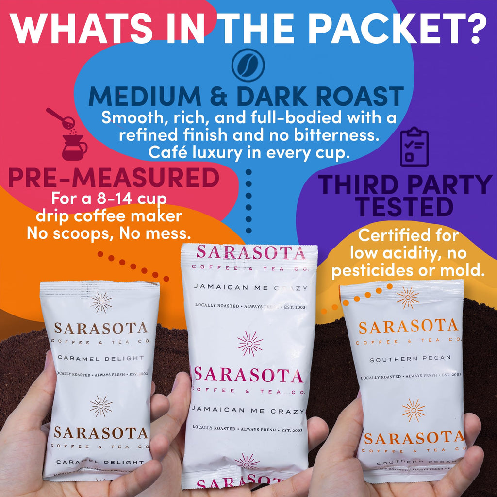 Coffee Packets Sampler – Variety Pack Ground Coffee Gift Set, Medium Dark & Flavored Roast, Low Acid Gourmet Pre-Measured Coffee Packs for 12-Cup Brewers, 2oz Individual Bags, Bulk Assortment