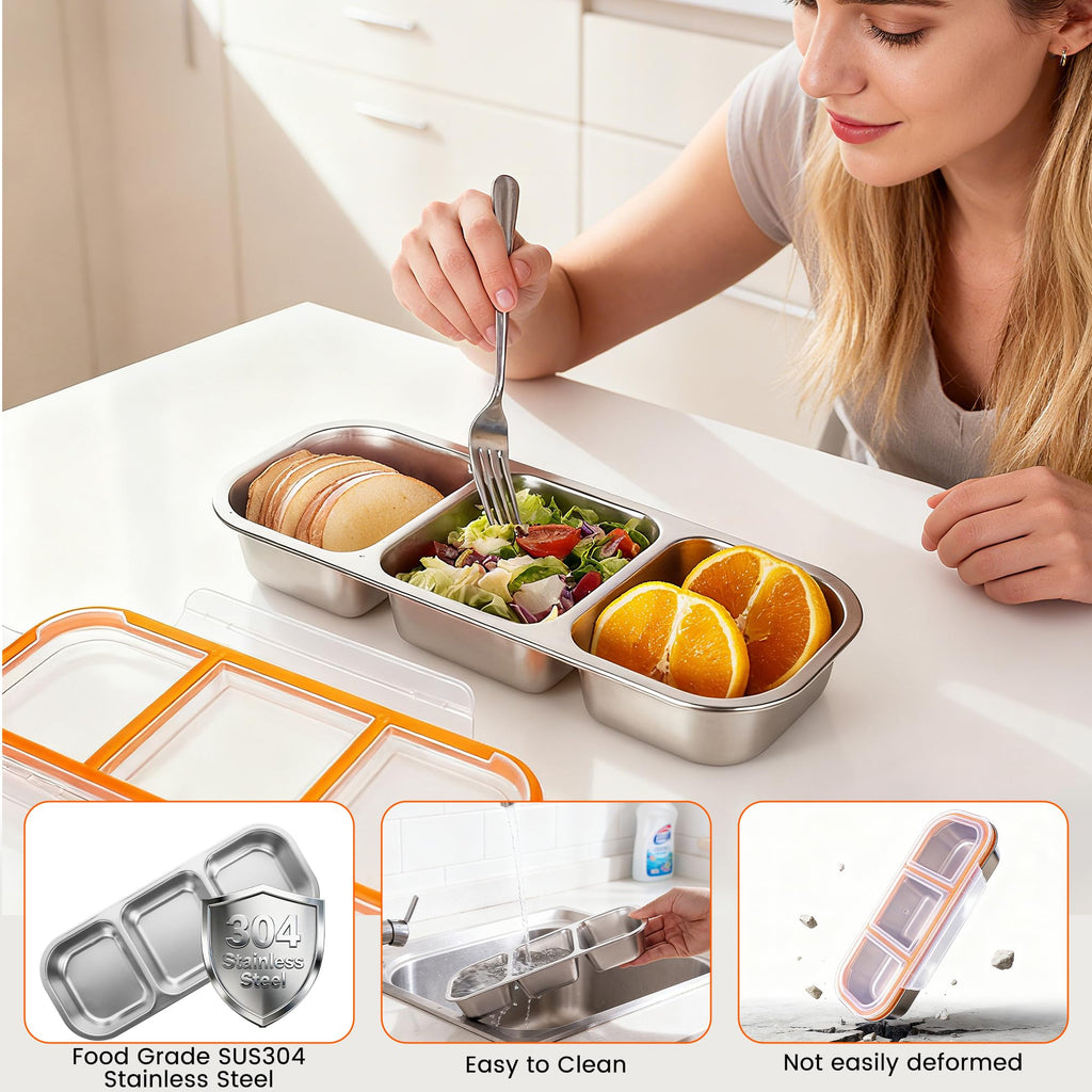 Bandesun Stainless Steel Snack Containers for Kids & Adults, 3 Pack Leek Proof Metal Bento Lunch Box with with lids, Lunchable Containers for Travel, School, Home - Stackable Bento Snack Box