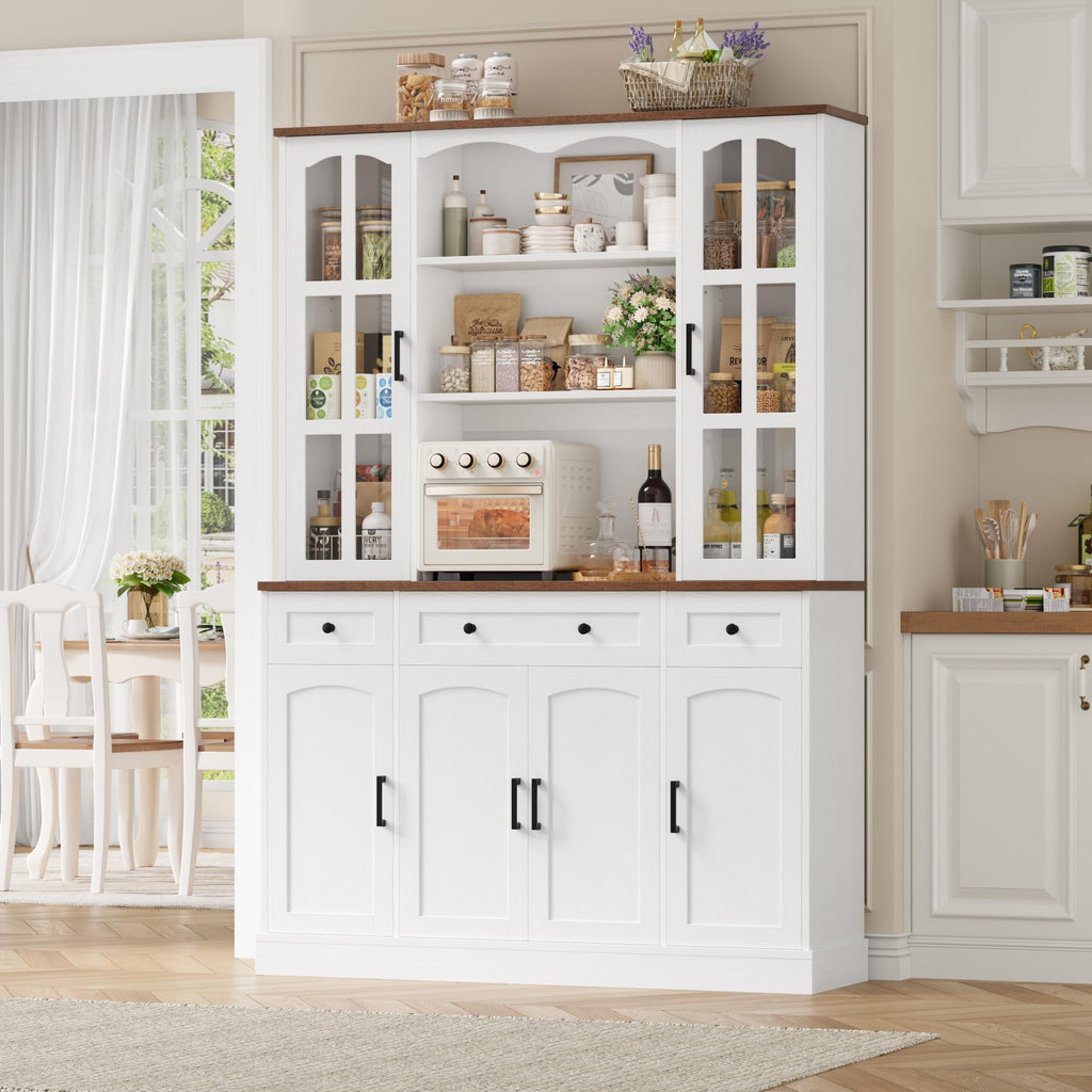 Keyluv 74.8" Tall Pantry Cabinet with Microwave Stand, Large Storage Kitchen Hutch with 3 Drawers & Adjustable Shelves, Arched Glass Door Buffet Cabinet for Kitchen, Dining Room, Living Room, White