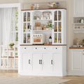 Keyluv 74.8" Tall Pantry Cabinet with Microwave Stand, Large Storage Kitchen Hutch with 3 Drawers & Adjustable Shelves, Arched Glass Door Buffet Cabinet for Kitchen, Dining Room, Living Room, White