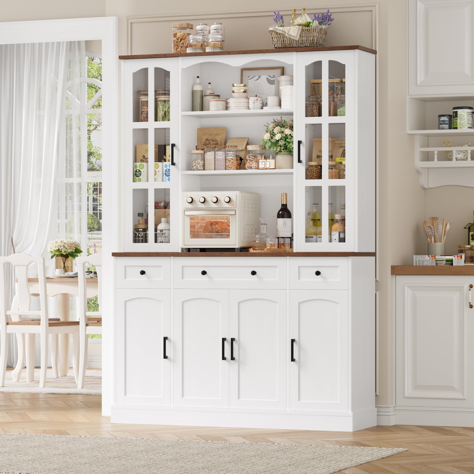 Keyluv 74.8" Tall Pantry Cabinet with Microwave Stand, Large Storage Kitchen Hutch with 3 Drawers & Adjustable Shelves, Arched Glass Door Buffet Cabinet for Kitchen, Dining Room, Living Room, White