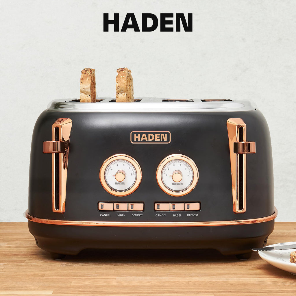 Haden Dorset 4 Slice Wide Slot Stainless Steel Toaster with Adjustable Browning Control & Non-Slip Feet, Black & Copper