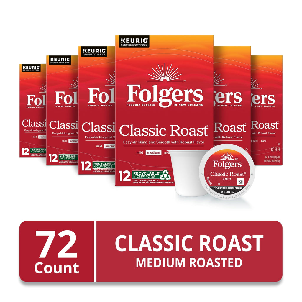 Folgers Classic Roast Coffee, Medium Roast, Keurig K-Cup Pods, 72 Count