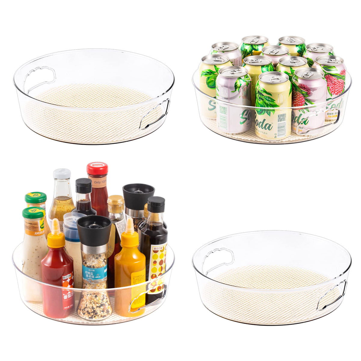 4 Pack Lazy Susan Organizer with Non-Skid Liners, 12-inch Spinning Turntable with Handle, Spice and Refrigerator Organizers, Pantry Organizers and Storage, Round