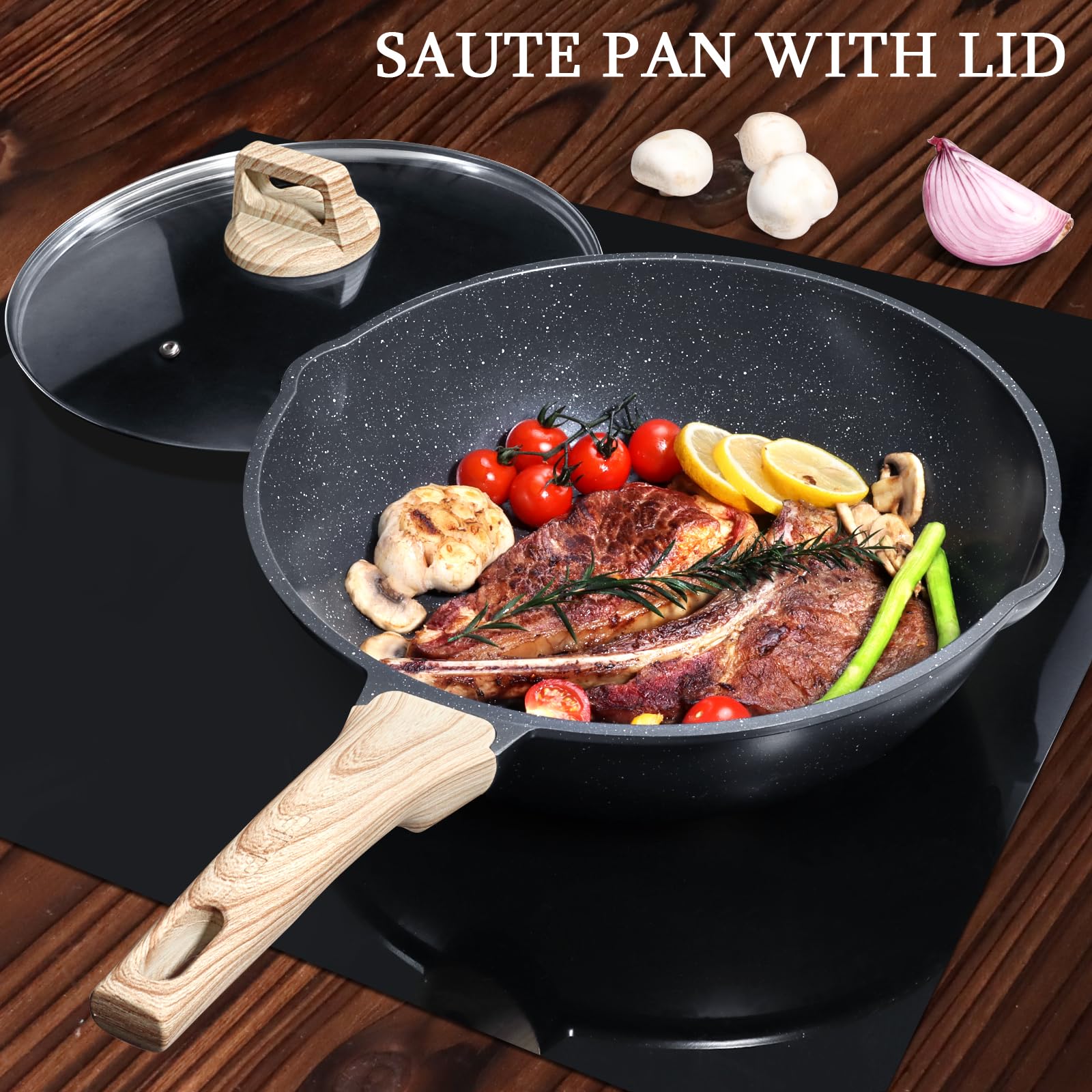 GiPP Ceramic Nonstick Deep Frying Pan Skillet, 12" Saute Pan with Lid, Induction Cookware Non Stick Cooking Pan, PTFE PFOA PFOS APEO Free, Grey