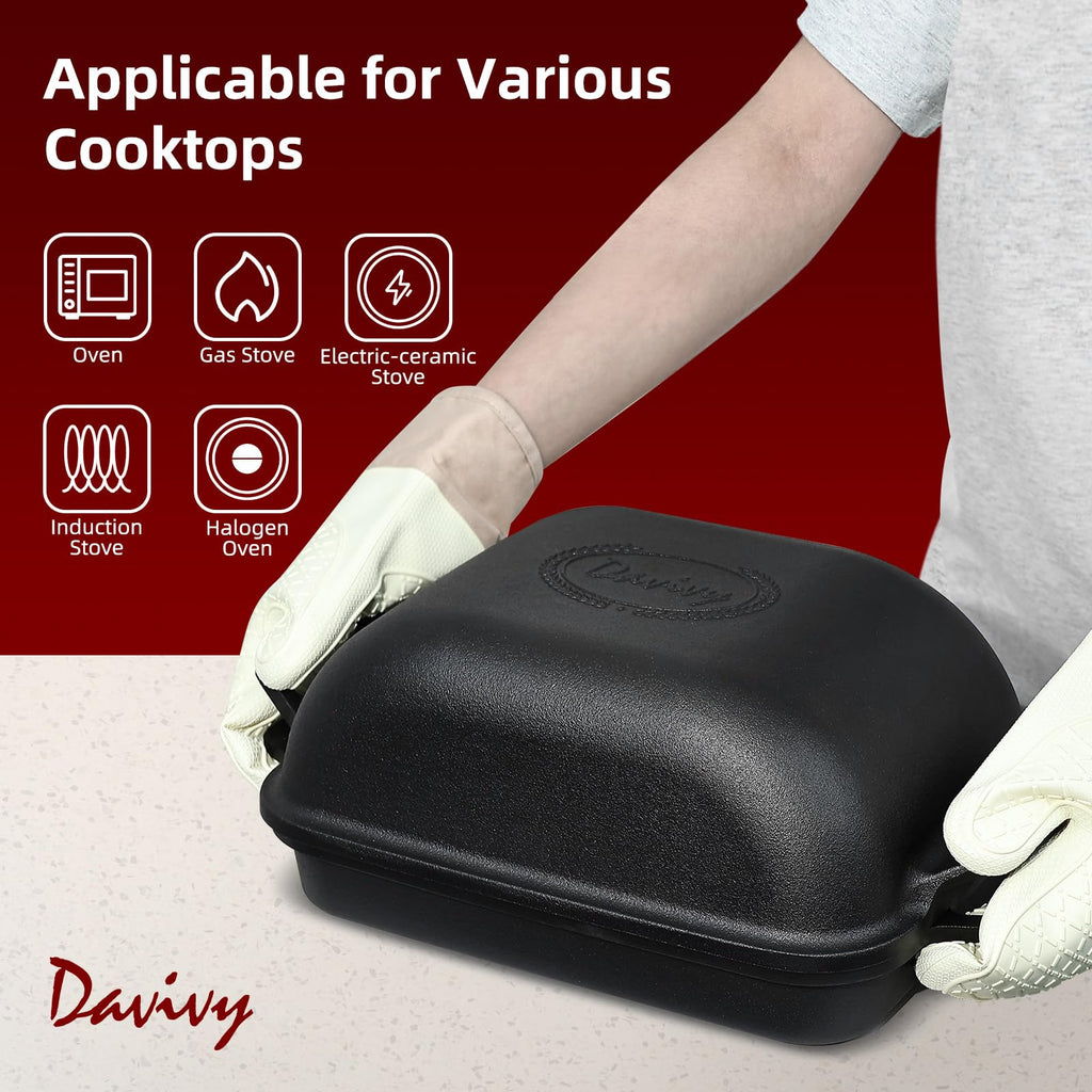Davivy 9QT Large Dutch Oven for Sourdough Bread with Silicone Baking Mat, 12.3" x 9.2", Non-stick Cast Iron Sourdough Loaf Pan, Cast Iron Sourdough Baking Pan Large Capacity, Matte Black