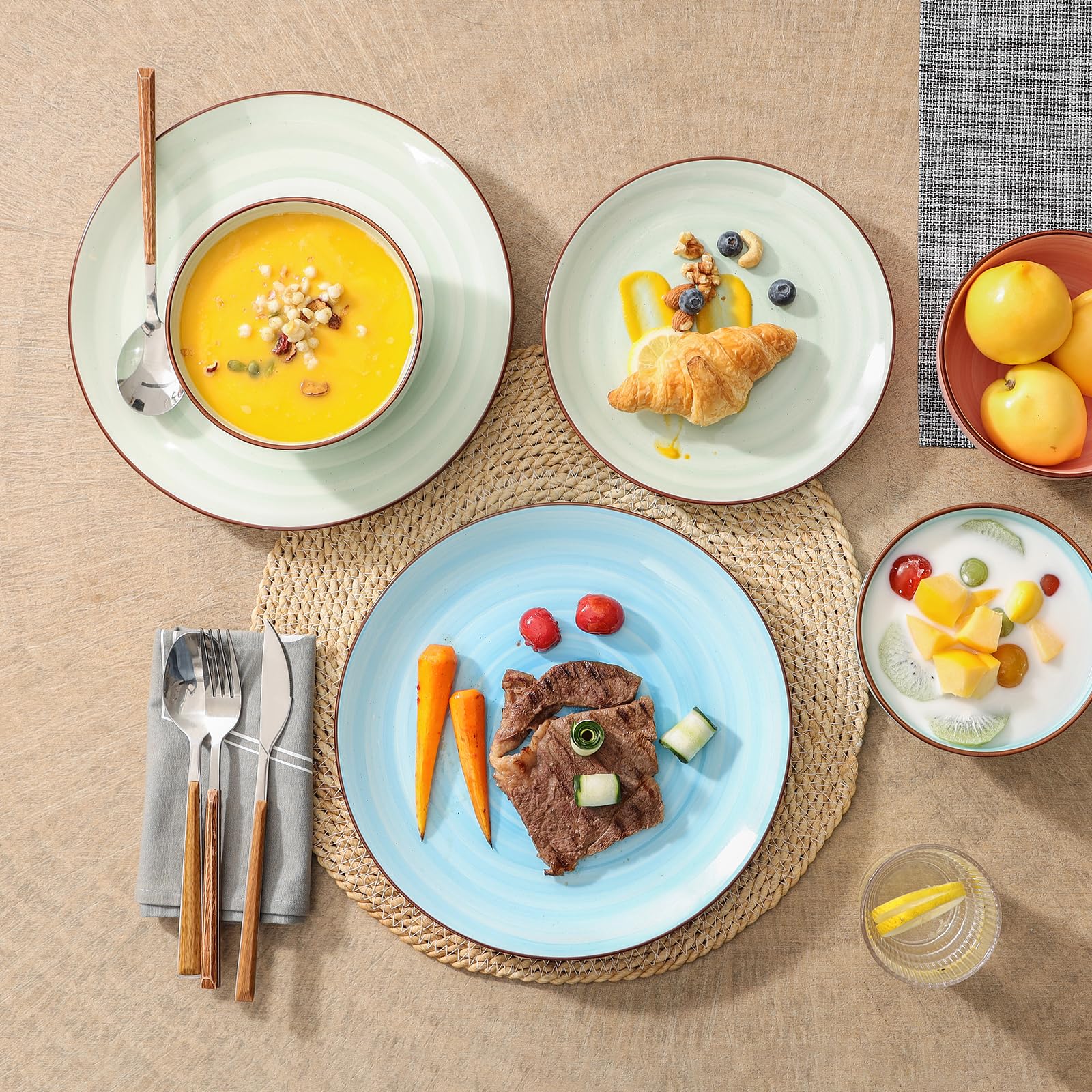 Selamica Ceramic 16-Pieces Dinnerware Set, Ceramic Dishes Set for 4, Kitchen Plates and Bowls Sets, Dinner Plates Set, Spray Black Dots, Gradient Color