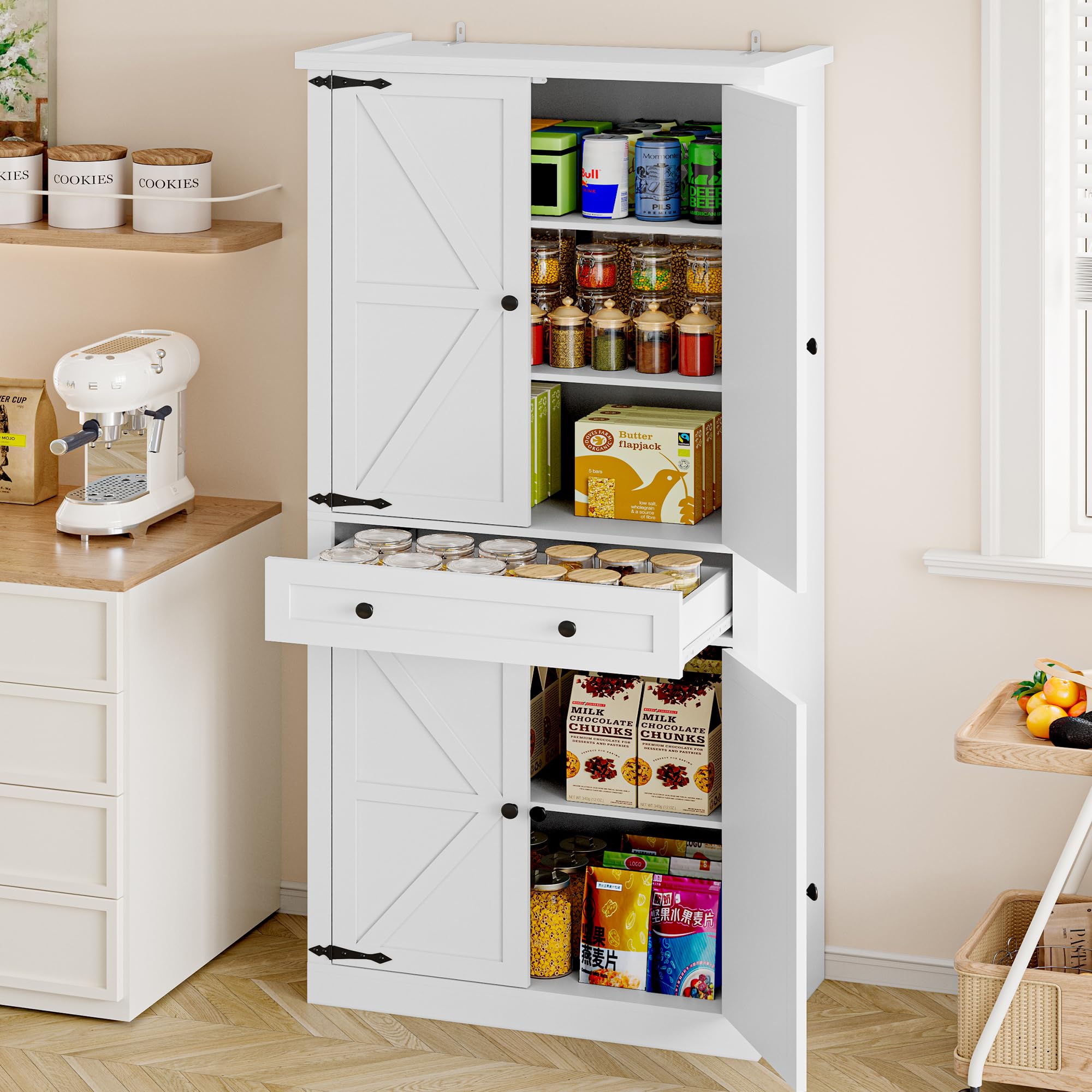 BORNOON Pantry Organizers and Storage Cabinet, 67.7” Barn Door White Kitchen Cabinet with Drawers and Adjustable Shelf, Tall Pantry for Kitchen, Dining Room, Living Room