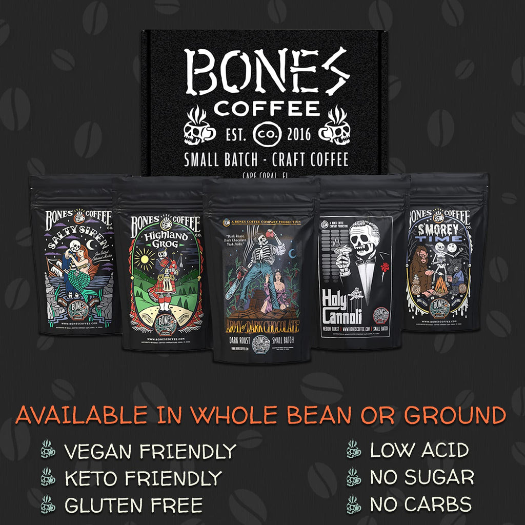 Bones Coffee Company NEW Favorite Flavors Sample Pack, Assorted Flavored Coffee Low Acid Medium Roast Arabica Beans Specialty Coffee Gifts, Auto Drip and French Press Compatible, 4 oz Pack of 5 Ground