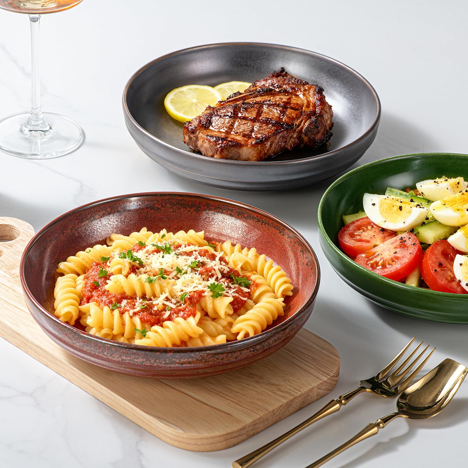 HAPPY KIT Stoneware 9'' Pasta Bowls 42oz Set of 4, Bronze Gray