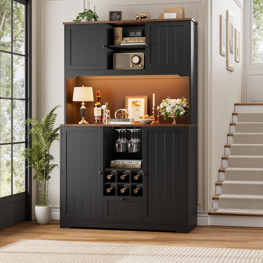 FINETONES 71" Kitchen Pantry Cabinet with LED Light and Charging Station