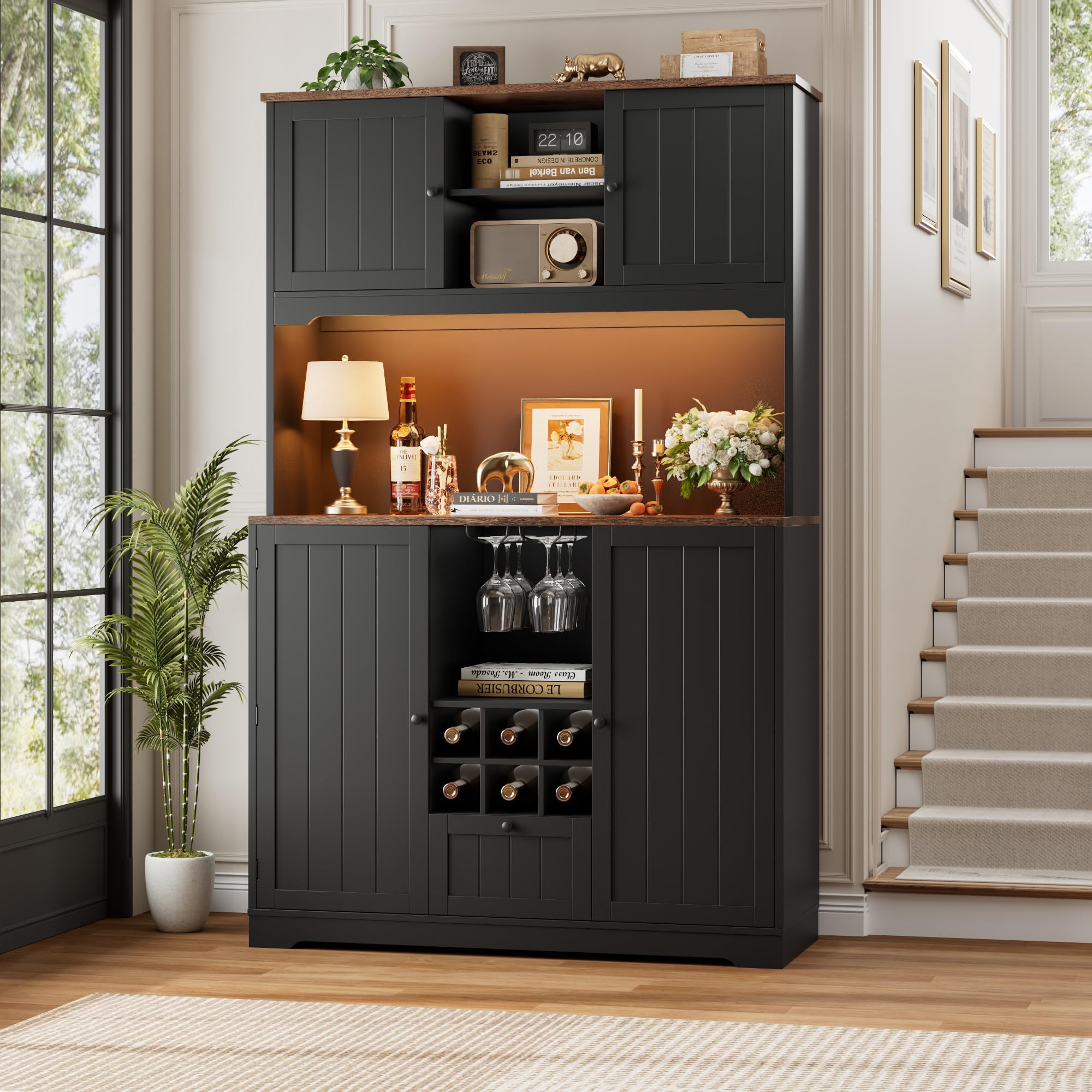 FINETONES 71" Kitchen Pantry Cabinet with LED Light and Charging Station