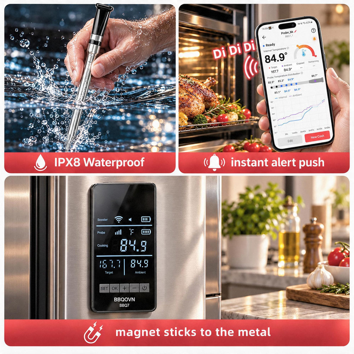 BBQOVN Smart WiFi Wireless Meat Thermometer, Sub-1G Long Range 1000FT, 7 NIST Certified Sensors in 1 Thinner Probe ±0.5℉ Accuracy, Standalone Base with App