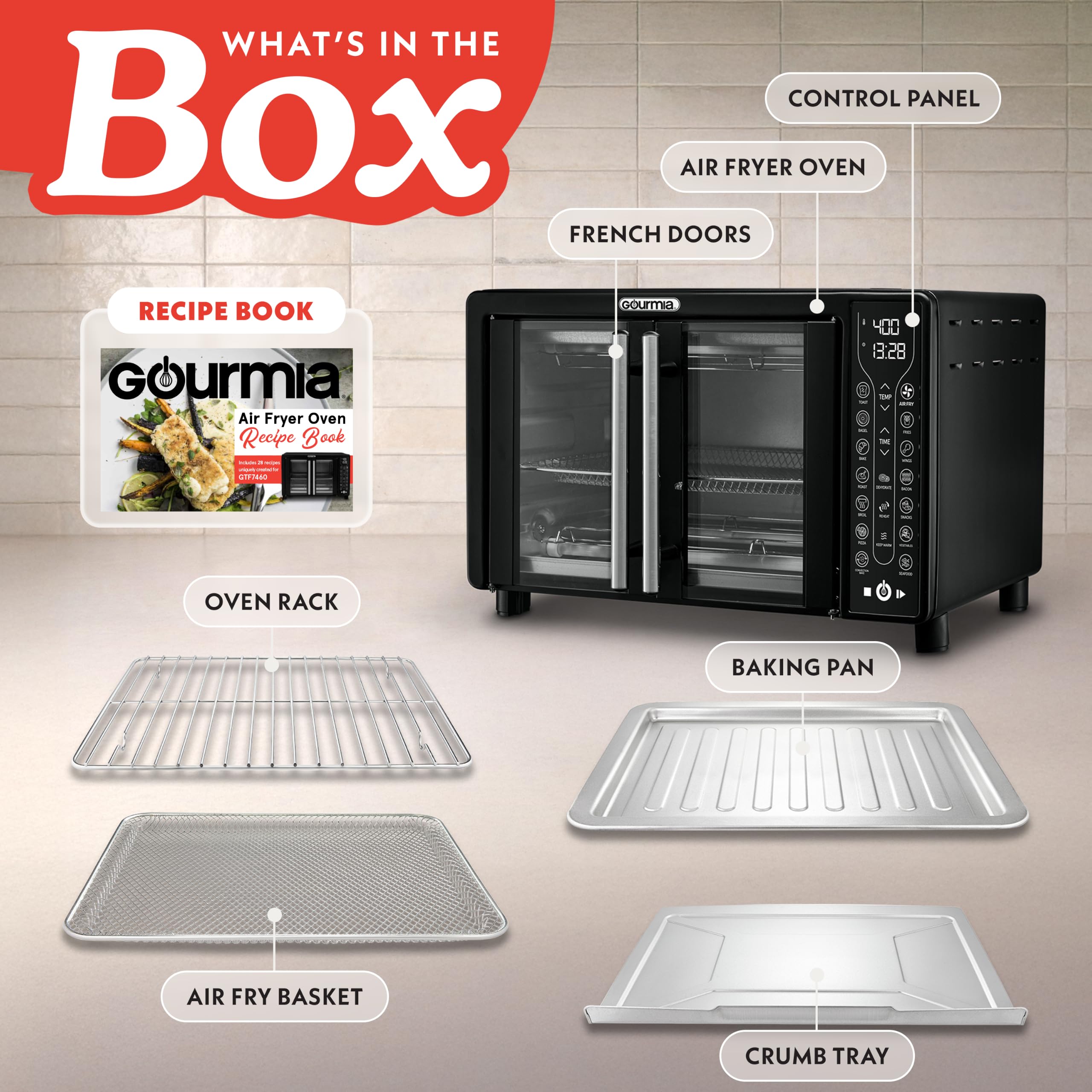 Gourmia French Door Air Fryer Toaster Oven – 6-Slice Capacity, FryForce 360°, Digital Display with 17 Cooking Presets, Black