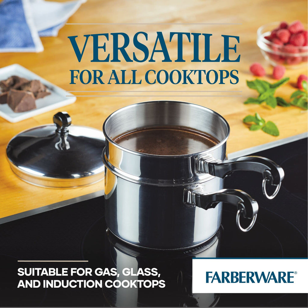 Farberware Classic Series Stainless Steel Double Boiler and Saucepan with Lid, Double Boilers For Stove Top, 2-Quart