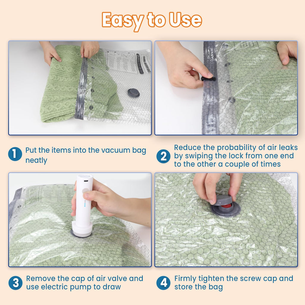 Vacuum Bags for Travel with Rechargeable Electric Pump, 12 PCS (4S,4M,4L) Storage Bags Vacuum Sealed, Space Saver Bags Carry-on Size Compression Packing Bags for Luggage and Suitcase
