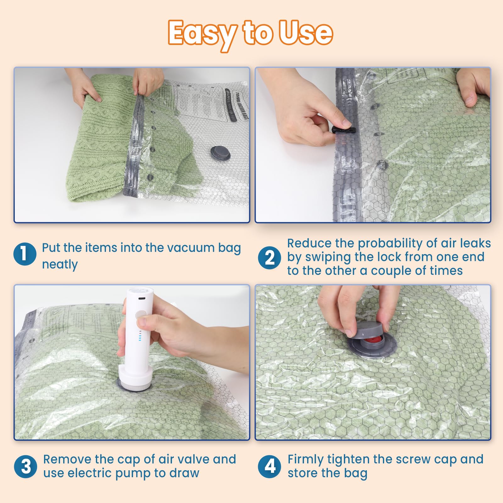 Vacuum Bags for Travel with Rechargeable Electric Pump, 12 PCS (4S,4M,4L) Storage Bags Vacuum Sealed, Space Saver Bags Carry-on Size Compression Packing Bags for Luggage and Suitcase
