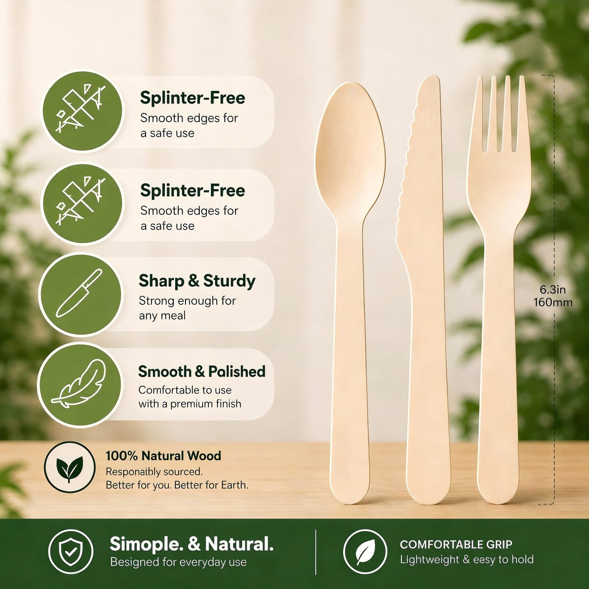 100% Compostable Cutlery Set - 150 Pieces Wooden Utensil Set [50 Wooden Forks, Wooden Spoons, Knives] - Disposable Wooden Cutlery, Eco Friendly Forks, Spoons, Knives Set Compostable Utensils