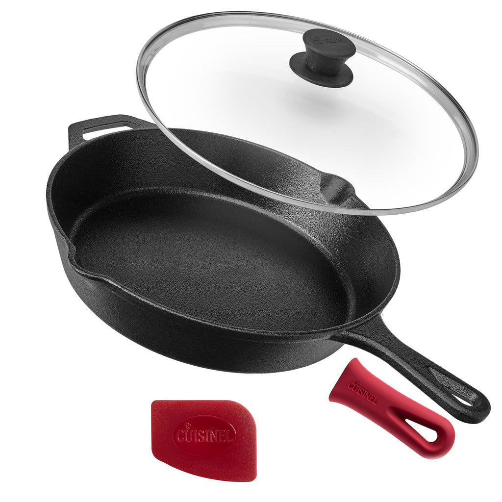 Cuisinel Cast Iron Skillet with Lid - 12"-Inch Frying Pan + Glass Cover + Silicone Handle Holder - PFAS and PFOA-free Pre-Seasoned Oven Safe Cookware - Indoor/Outdoor Use - Grill, BBQ, Fire, Stovetop
