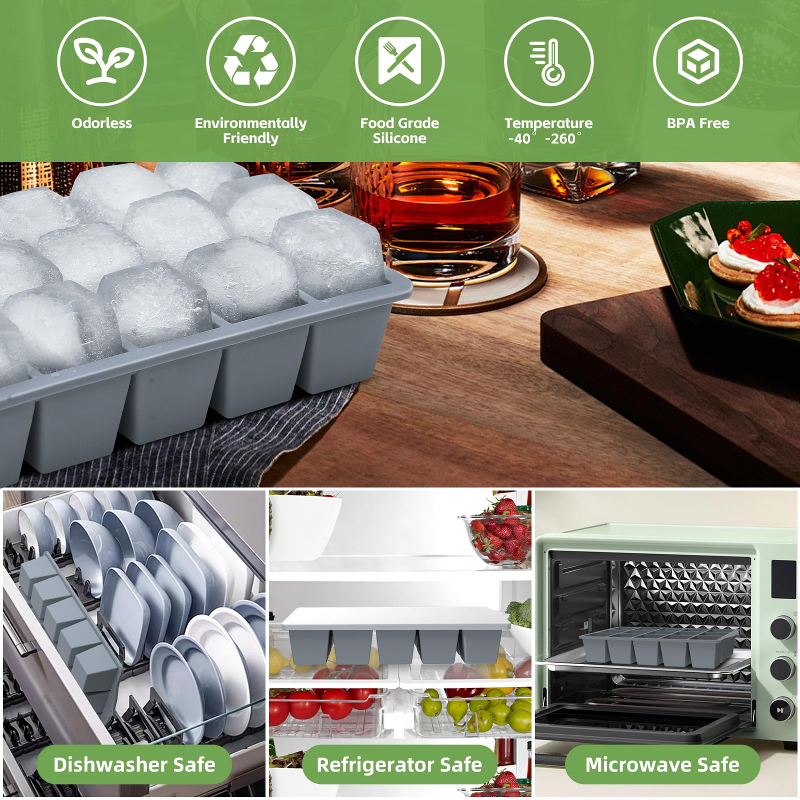 FANYITY Silicone Ice Cube Tray with Lid, Gray, Pack of 2 Ice Cube Moulds, Silicone Mould, BPA-Free, Stackable Ice Cube Tray, Ice Cube Trays for Baby Porridge, Cocktail, Whiskey, Coffee