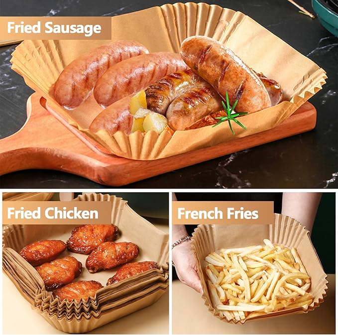 9 Inch Air Fryer Liners, 125PCS Non-Stick Air Fryer Paper Liners Disposable, Oil-Proof & High-Temperature Resistant Square Baking Paper for Air Fryer, Microwave and Oven（Bottom Is 8 Inch）
