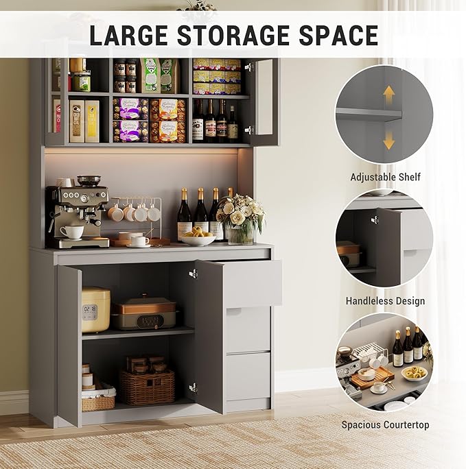 Garvee Kitchen Pantry Cabinet,71 in Tall Storage Cabinet with Doors&Shelves Adjustable, Kitchen Storage Hutch with Microwave Shelf, Led Lights&Charging Station,Corner Pantry Cabinet