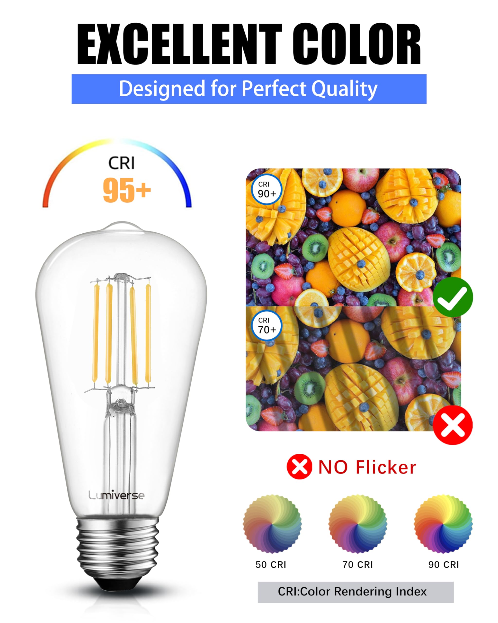 ST19 Dimmable LED Edison Bulb, 5.5W (60W Equivalent) 500LM CRI 95+, 4000K Cool White, E26 Medium Base Vintage Filament, Clear Glass, Standard Type A Lamp for Kitchen, Bathroom, Bedroom, 6 Pack