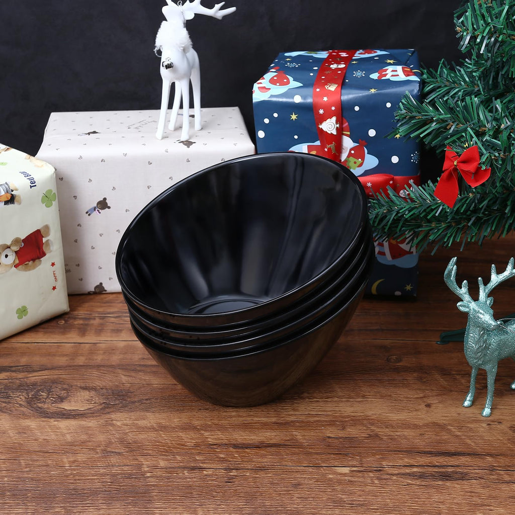 TP Salad Bowls Set of 4, 26 oz Melamine Serving Bowls for Pasta, Cereal, and Snacks, Lightweight and Durable, Dishwasher Safe, Black Bowls for Restaurant, Kitchen, Black