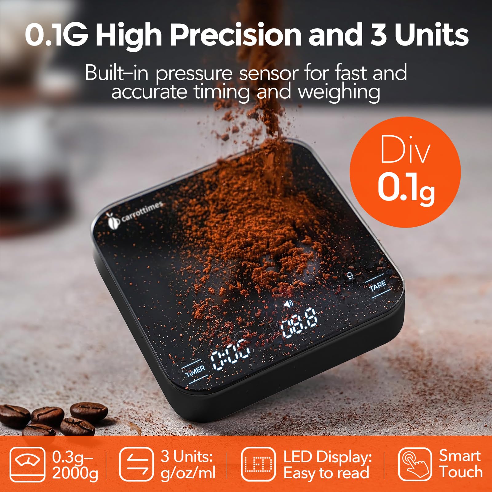 carrottimes Rechargeable Mini Coffee Scale with Timer, 2kg/0.1g Precision Espresso Scale, Portable Digital Coffee Scale w/ 4 Modes for Espresso and Pour-Over Coffee (Black)