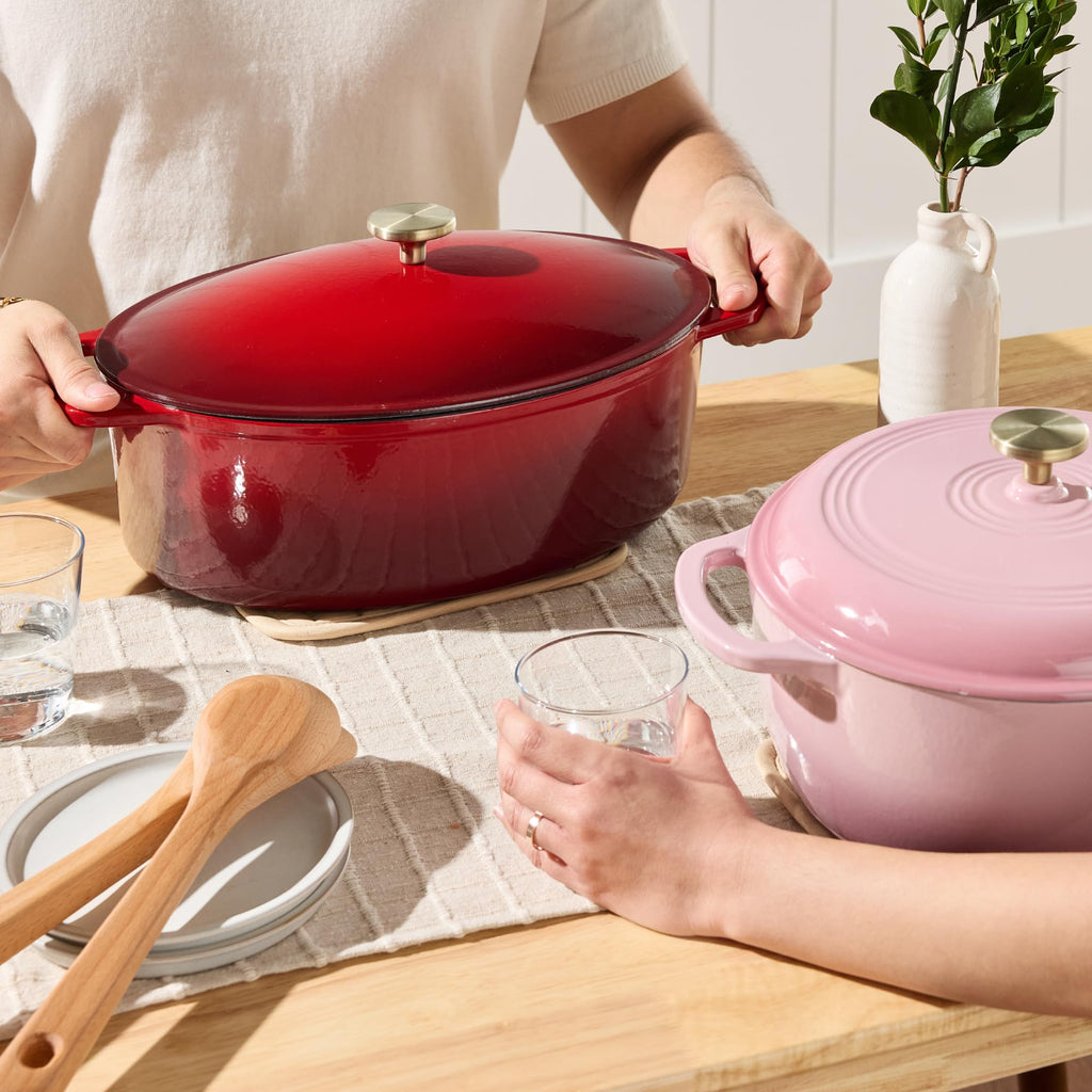 Best Choice Products Oval 7.5 Quart Enamel Cast-Iron Dutch Oven, Heavy-Duty Pre-Seasoned for Baking, Cooking w/Side Handles – Red
