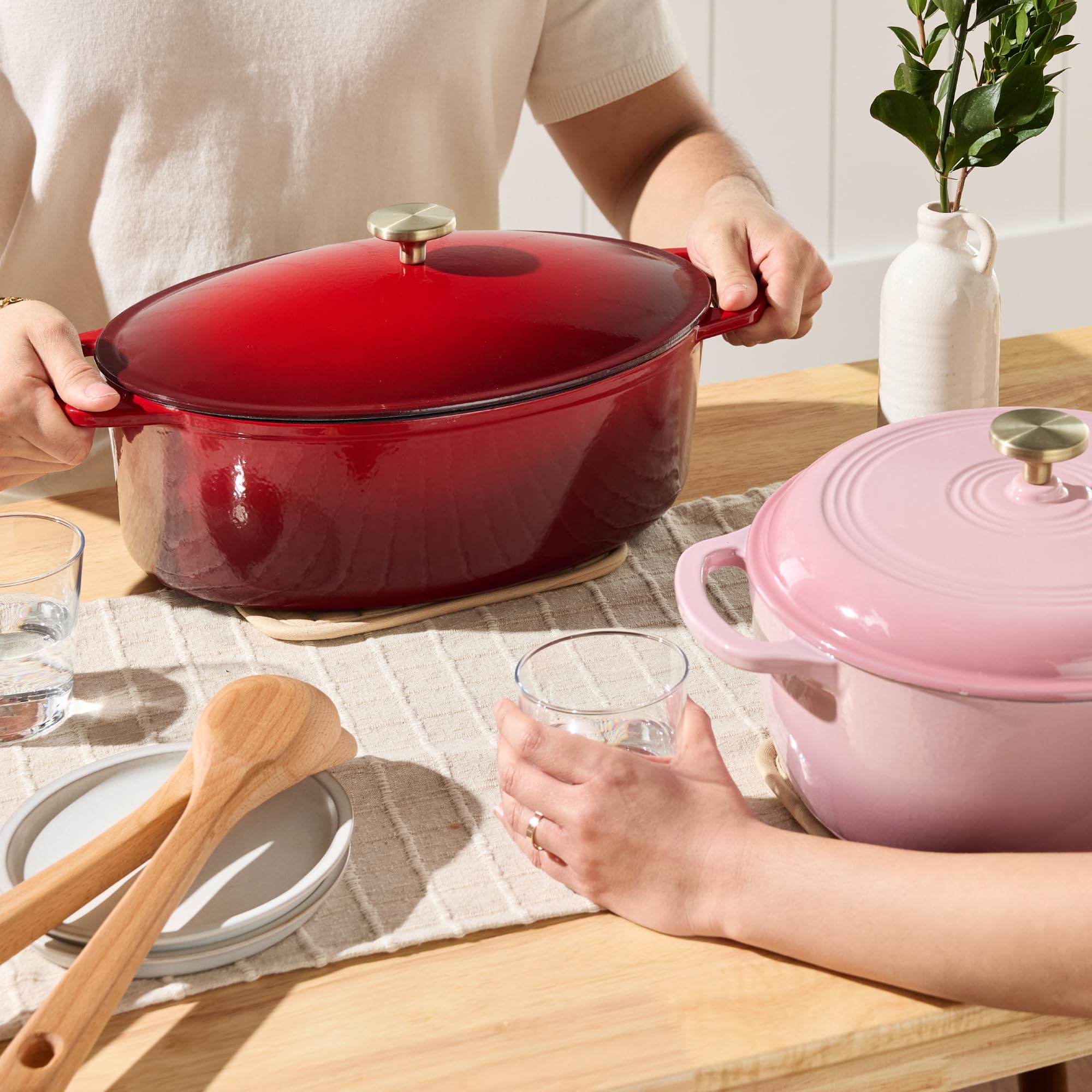 Best Choice Products Oval 7.5 Quart Enamel Cast-Iron Dutch Oven, Heavy-Duty Pre-Seasoned for Baking, Cooking w/Side Handles – Red