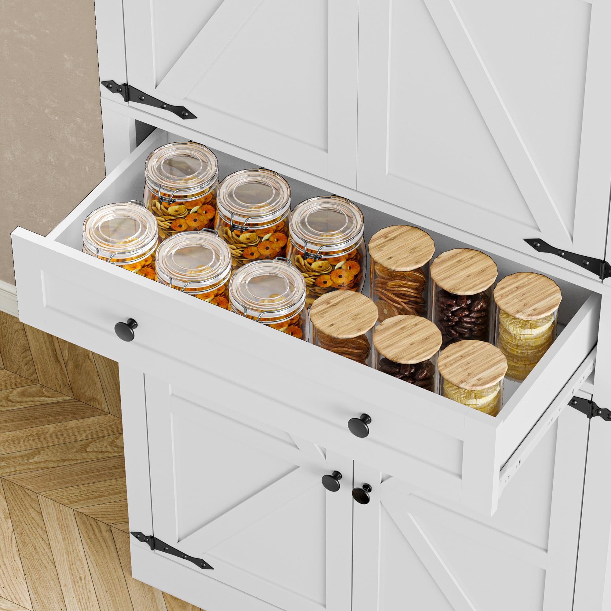 BORNOON Pantry Organizers and Storage Cabinet, 67.7” Barn Door White Kitchen Cabinet with Drawers and Adjustable Shelf, Tall Pantry for Kitchen, Dining Room, Living Room