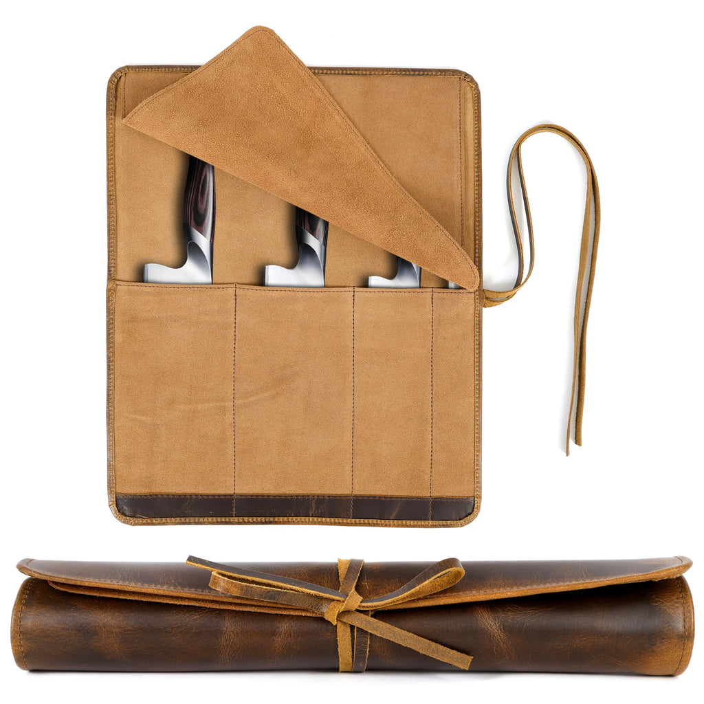 ELIZO Leather Knife Roll Bag Professional Chef Knife Case, Durable Knife Sheath Holder, Cooks & Culinary Tools Carrying Storage, Portable Knife Wrap - 4 Slots
