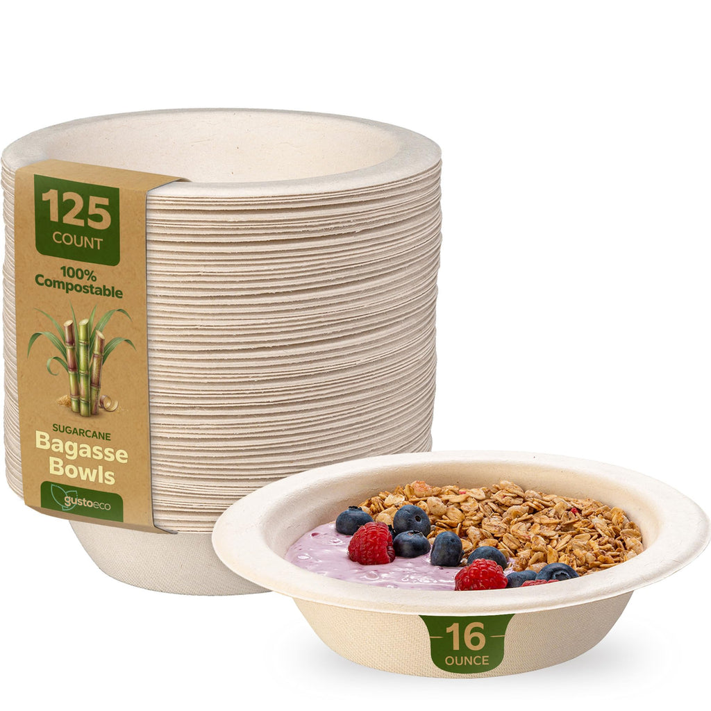 GUSTO 100% Compostable 16 oz. Heavy-Duty Paper Bowls [125 Pack] Eco-Friendly Disposable Sugarcane - Kraft……