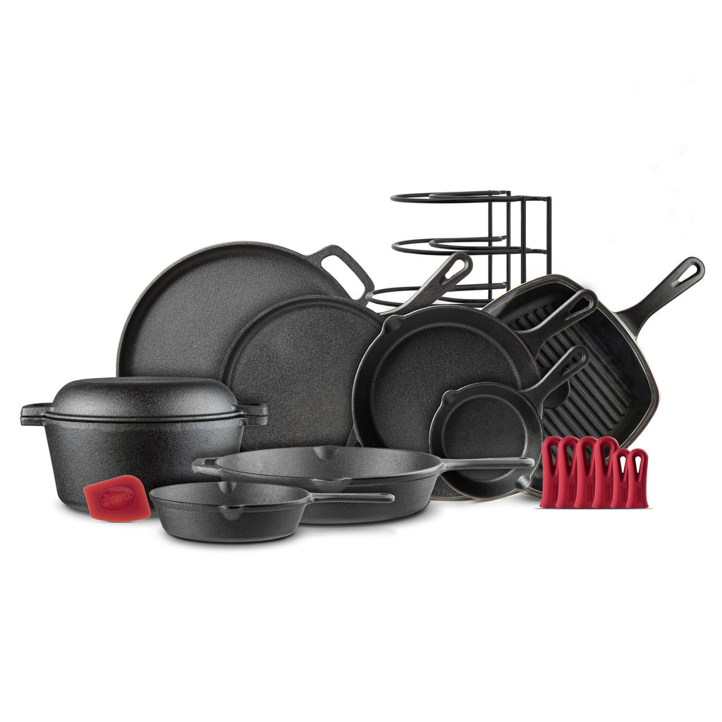 Cast Iron Cookware 18-Piece Set - Pre-Seasoned 6" + 8" + 10" + 12" Skillet + Grill Pan+Lid + Griddle + Pizza Pan + Dutch Oven+Cover/Pan + Panrack + Silicone Handle Cover + Pan Scraper/Cleaner
