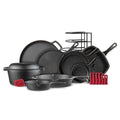 Cast Iron Cookware 18-Piece Set - Pre-Seasoned 6" + 8" + 10" + 12" Skillet + Grill Pan+Lid + Griddle + Pizza Pan + Dutch Oven+Cover/Pan + Panrack + Silicone Handle Cover + Pan Scraper/Cleaner