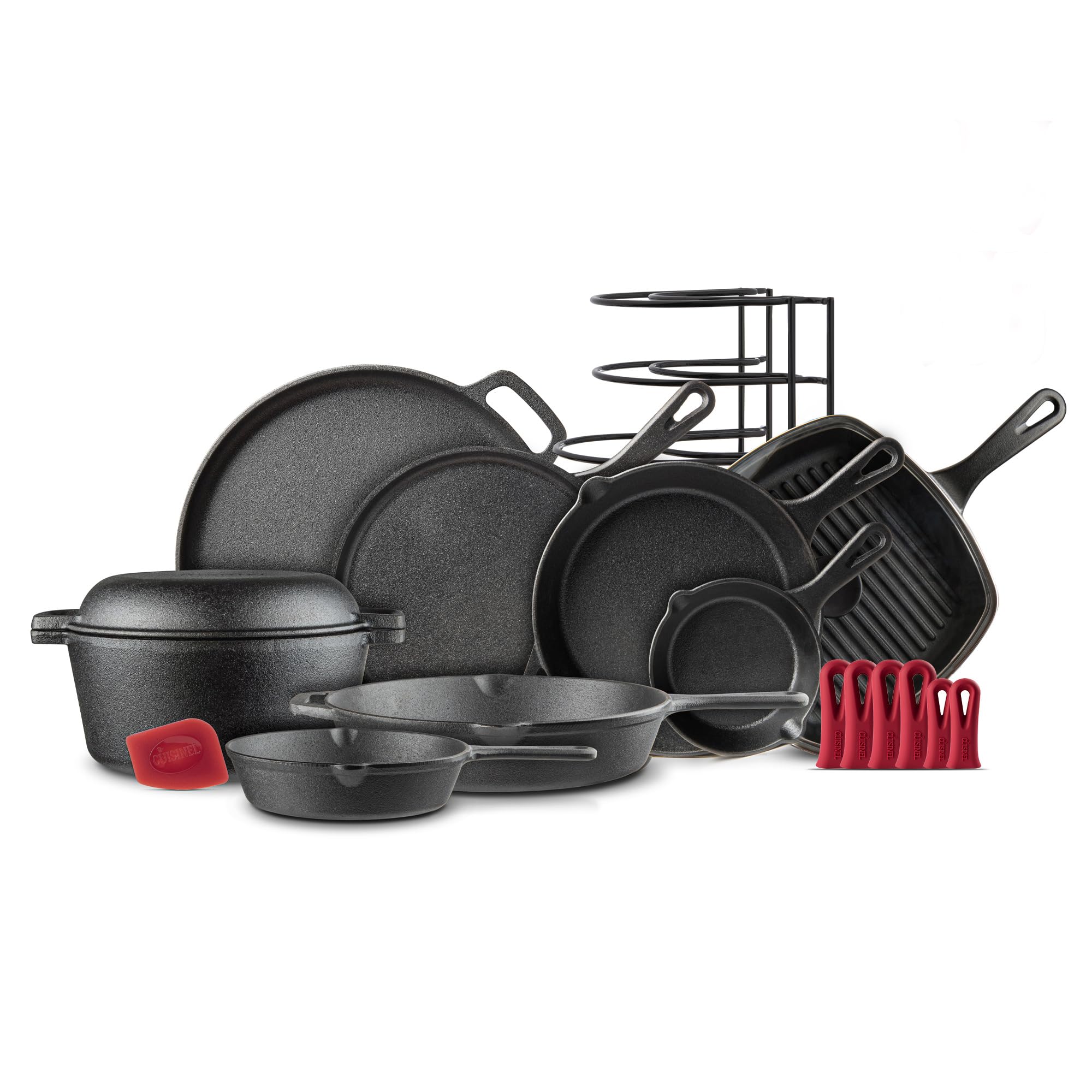 Cast Iron Cookware 18-Piece Set - Pre-Seasoned 6" + 8" + 10" + 12" Skillet + Grill Pan+Lid + Griddle + Pizza Pan + Dutch Oven+Cover/Pan + Panrack + Silicone Handle Cover + Pan Scraper/Cleaner